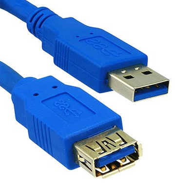 Cabo USB azul com conector macho e conector fêmea