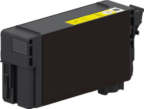 Cartucho de tinta preto para impressora com etiqueta amarela e código QR