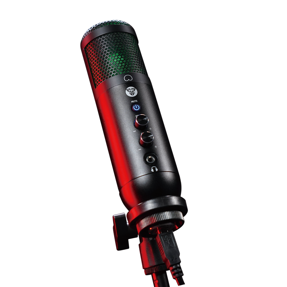 Microfone preto com botões e grelha metálica iluminado por luzes vermelha e verde