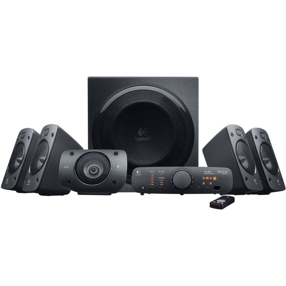 Sistema de som preto Logitech com subwoofer, cinco colunas e comando remoto