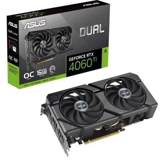 Placa gráfica ASUS DUAL GeForce RTX 4060 Ti com ventiladores duplos e caixa colorida