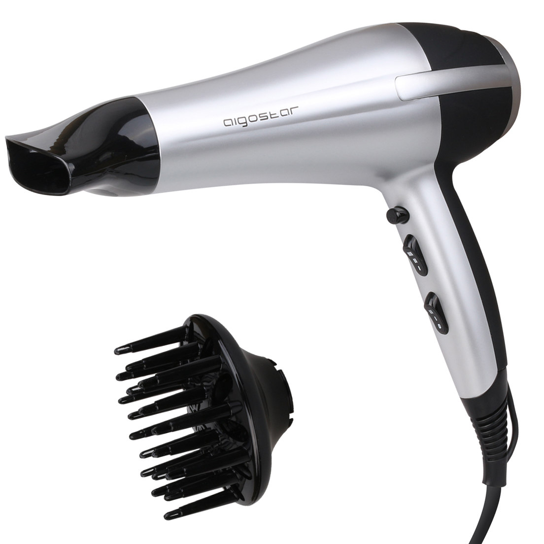 Secador de cabelo Aigostar prateado com detalhe preto e difusor preto