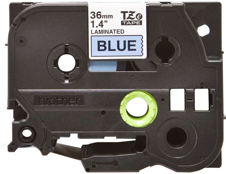 Cartucho de fita laminada preta com etiqueta azul e verde