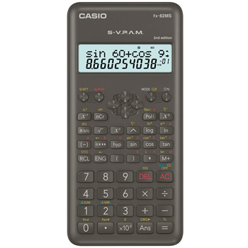 Calculadora científica cinzenta escura CASIO fx-82MS com ecrã e botões