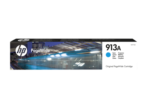 Embalagem de cartucho de impressora HP PageWide 913A ciano com imagem de comboio
