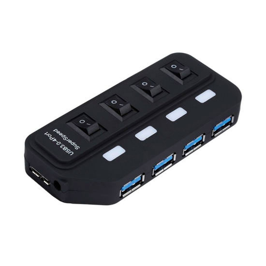 Hub USB preto com quatro portas USB 3.0 e botões de liga/desliga