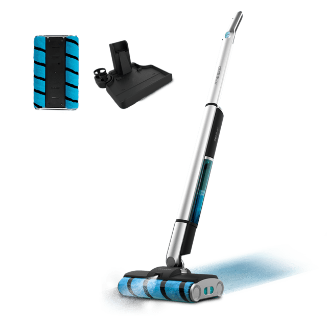 aspirador vertical sem fios branco e preto com depósito azul e acessórios