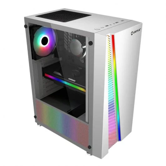 Computador de secretária branco com iluminação RGB e painel lateral em vidro