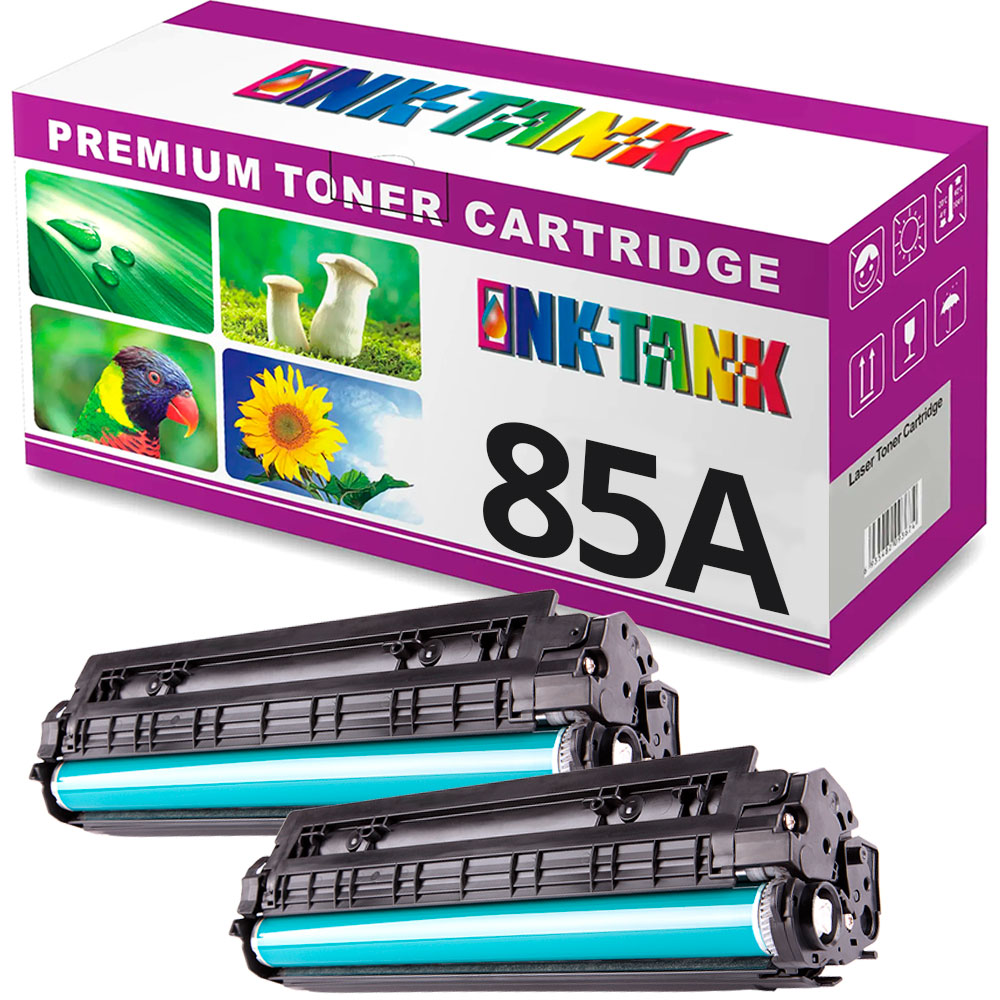 Caixa de tóners para impressora modelo 85A da marca INK-TANK com dois tóners em plástico preto e cilindros azul claro