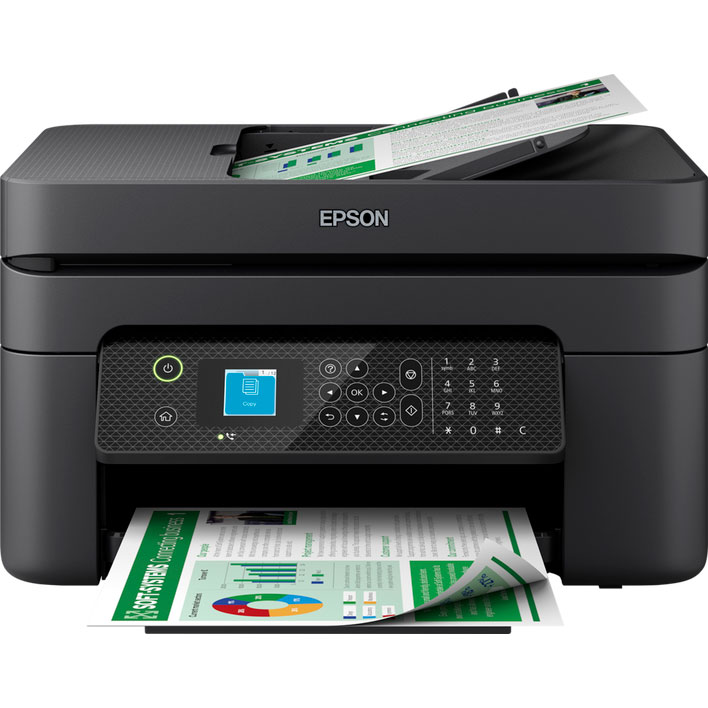 Impressora Epson preta multifunções com painel digital e impressão de documento colorido