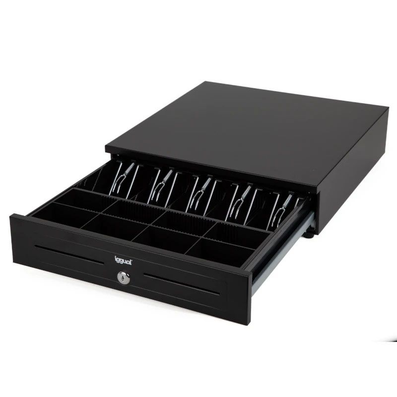 Caixa registradora preta com compartimentos e fecho com chave