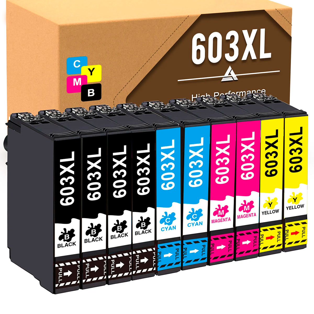 Conjunto de 12 tinteiros coloridos 603XL e caixa castanha com texto 603XL High Performance