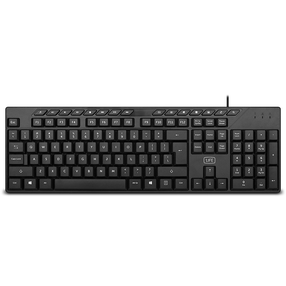 Teclado preto QWERTY com teclado numérico e botões multimédia