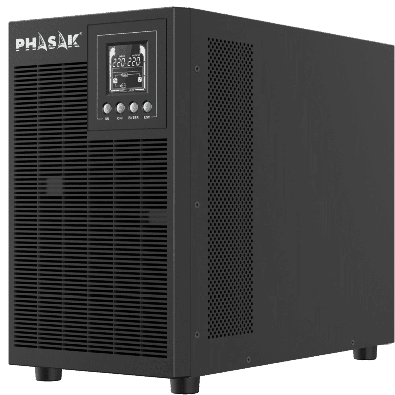 Estabilizador de tensão preto com visor digital e botões de controlo.