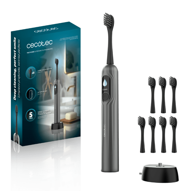 Escova de dentes elétrica cinza com 8 recargas e base, embalagem azul Cecotec