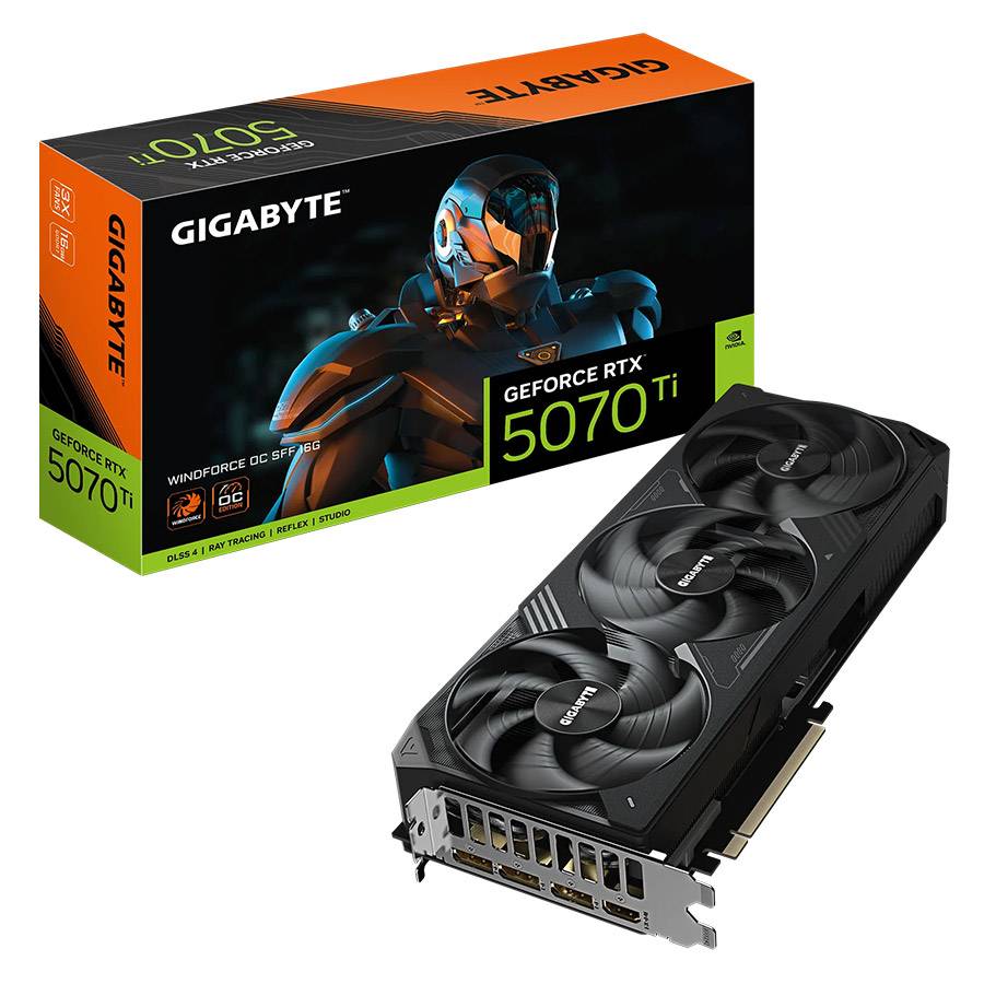 Placa gráfica Gigabyte GeForce RTX 5070 Ti preta com caixa laranja e preta com imagem de um soldado futurista
