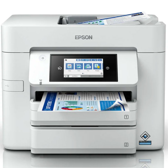 Impressora Epson branca multifunções com ecrã tátil e folhas com gráficos a sair