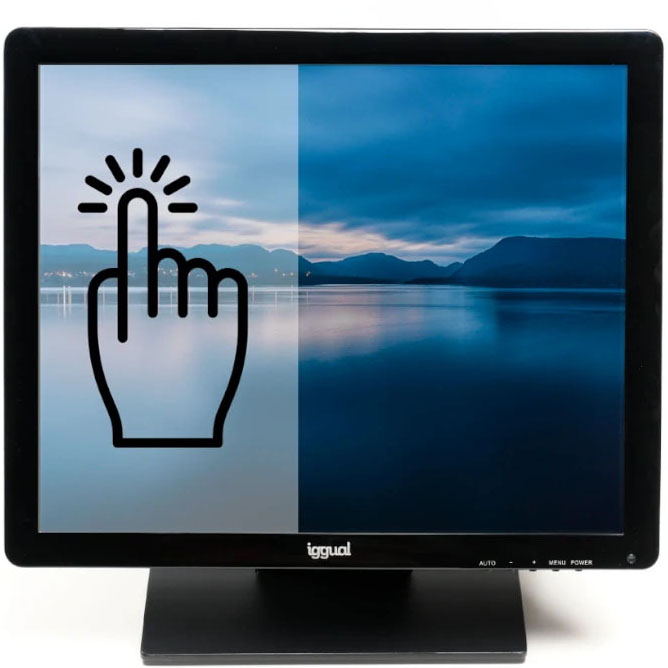 Monitor tátil preto com imagem de paisagem e ícone de mão a tocar