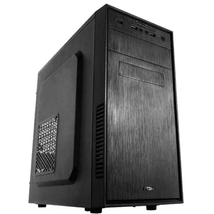 Computador de secretária preto com painel frontal em textura metálica escovada e entradas USB