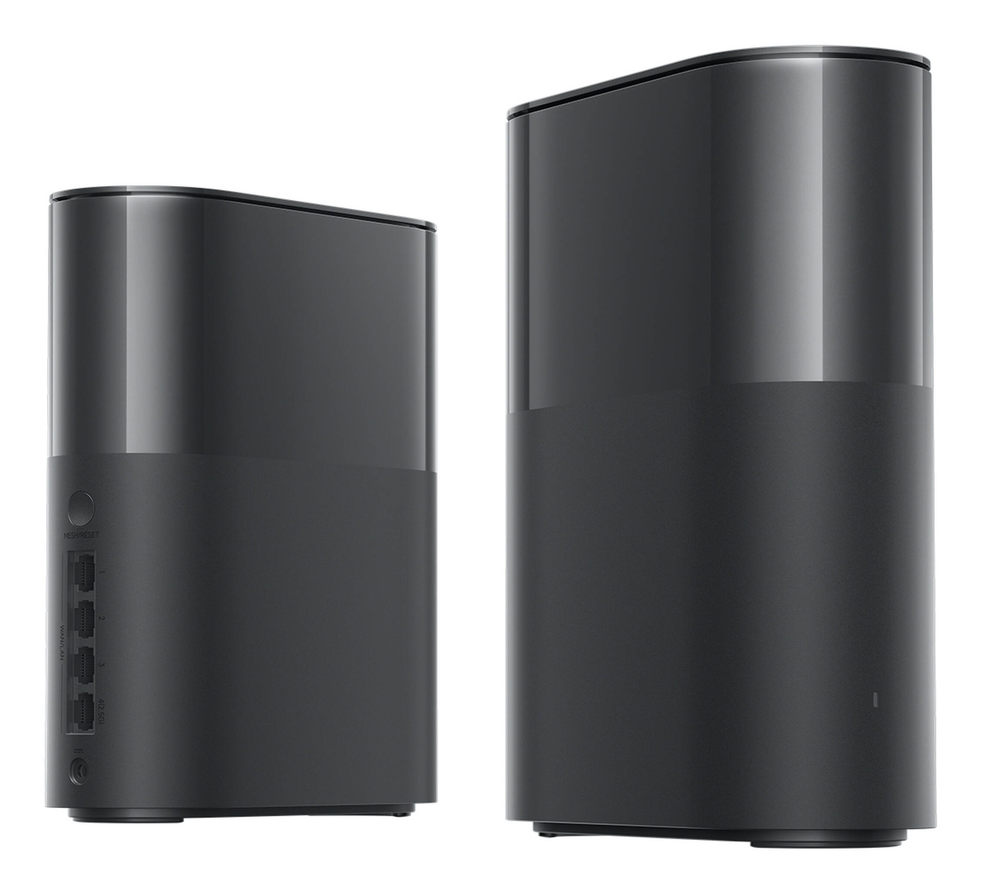 Duas caixas retangulares cinza escuro com portas Ethernet e botão MESH/RESET