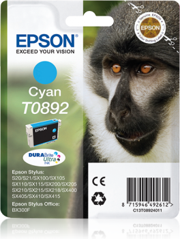 Cápsula de tinta Epson Cyan T0892 com fotografia de macaco na embalagem.