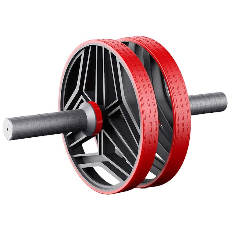 Roda de exercício para abdominais preta com bordas vermelhas e pega cinza.