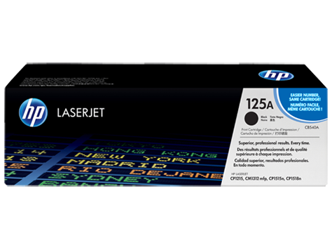 Cartucho tonner HP LaserJet 125A CB540A embalagem preta com texto e nomes de cidades neon