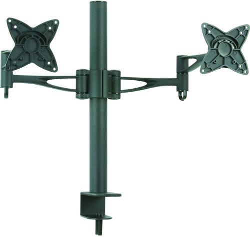 Suporte de mesa preto para dois monitores com braços articulados