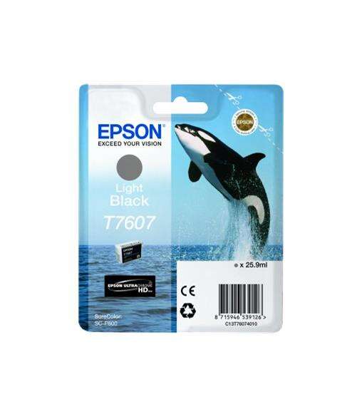 Cartucho de tinta Epson Light Black T7607 com imagem de uma orca a saltar