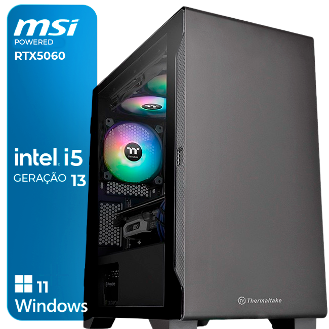 Computador torre preto com painel lateral transparente e ventoinhas RGB