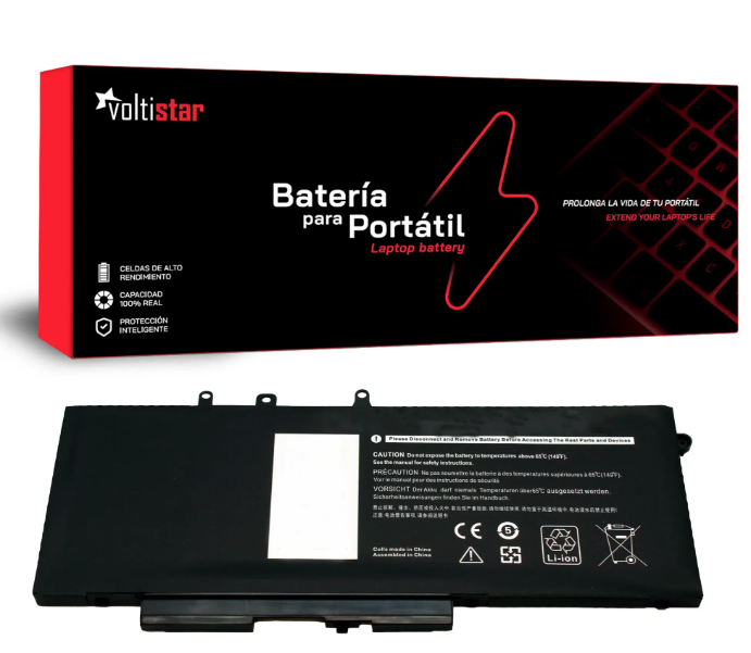 Caixa de bateria para portátil VoltiStar e bateria preta com etiquetas de segurança