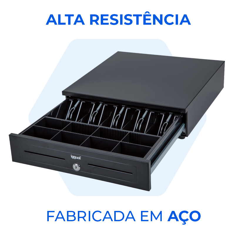 Gaveta de caixa registadora preta de aço com compartimentos e fechadura