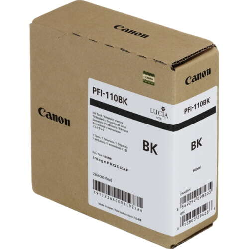 Embalagem de tinteiro Canon PFI-110BK castanha com etiquetas brancas e texto preto