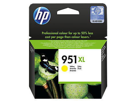 Embalagem de tinteiro HP 951XL amarela com imagem de inseto e planta verde