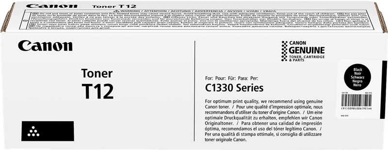 Embalagem branca de toner Canon T12 para impressoras C1330 com texto e etiqueta preta
