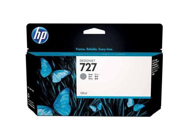 Embalagem de tinta HP DesignJet 727 cinzenta com borboletas azuis