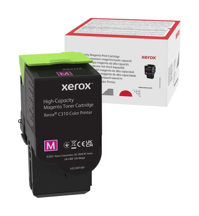 Cartucho de toner magenta Xerox com caixa de embalagem ao fundo