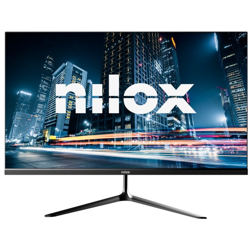 Monitor Nilox com imagem urbana noturna e texto nilox no ecrã