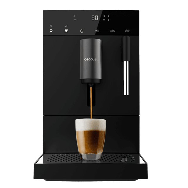 Máquina de café expresso preta Cecotec com copo de vidro e espuma de café