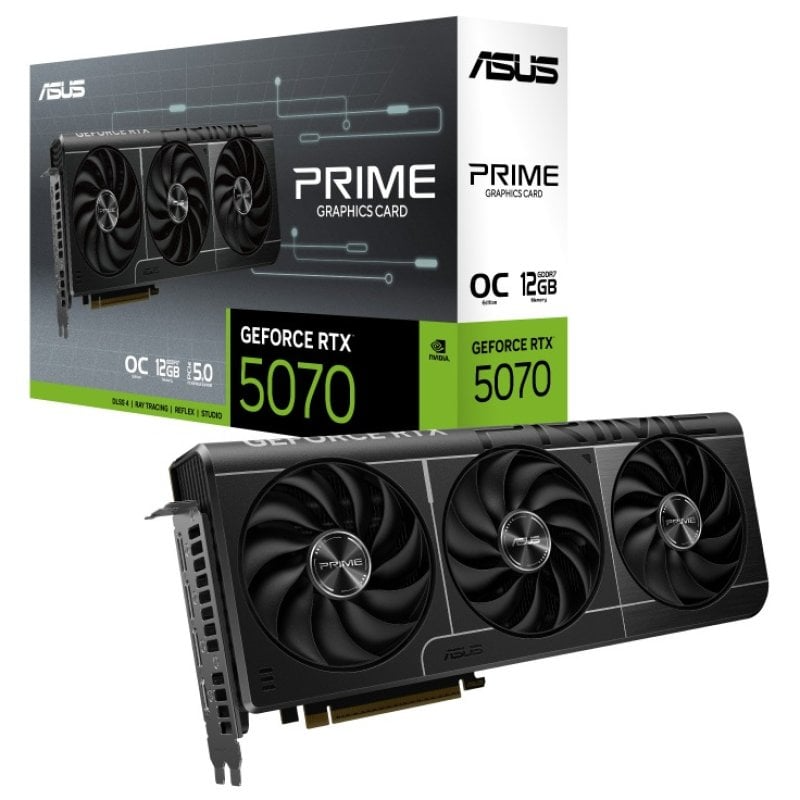 Placa gráfica ASUS PRIME GEFORCE RTX 5070 com 3 ventoinhas pretas junto à sua caixa