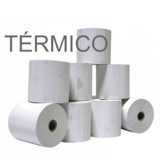 Rolos de papel térmico branco empilhados com texto TÉRMICO