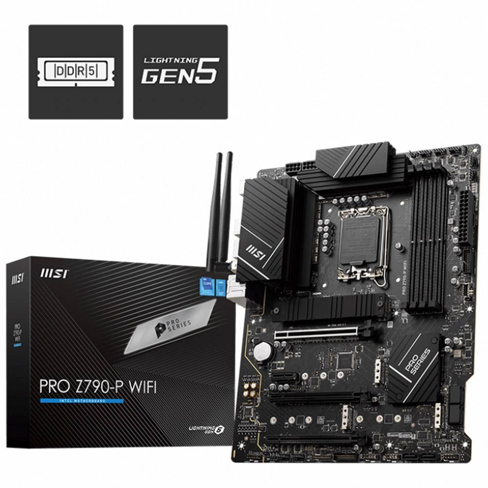 Placa-mãe MSI PRO Z790-P WIFI e caixa preta com texto