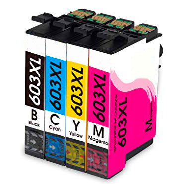 Conjunto de quatro tinteiros de impressora coloridos etiquetados 603XL