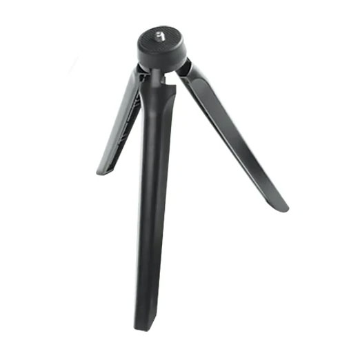 Tripé pequeno preto com três pernas e cabeça redonda