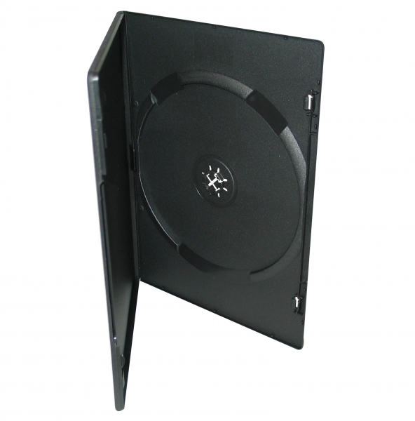 Estojo preto para CD ou DVD aberto, feito de plástico