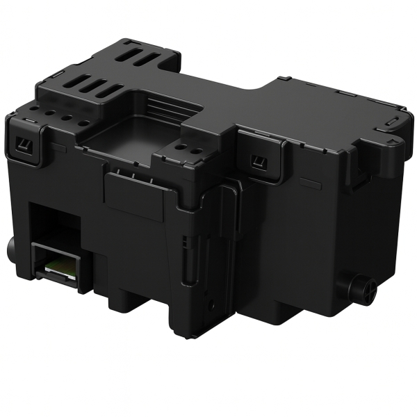 Peça eletrónica preta retangular com ranhuras e entrada inferior