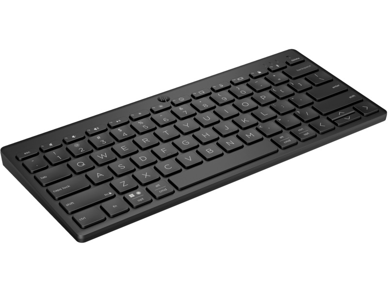 Teclado sem fios preto com teclas planas e layout QWERTY em português