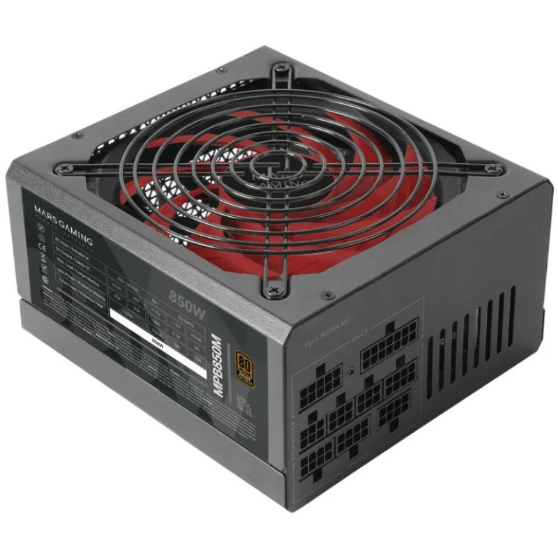 Fonte de alimentação Mars Gaming MPB850M 850W com ventoinha vermelha e painel modular