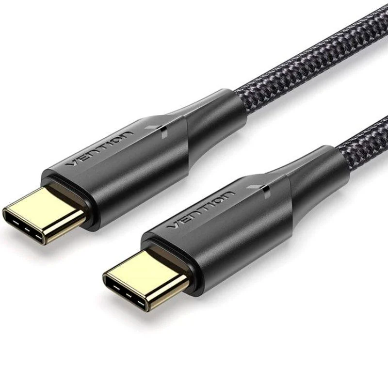 Cabo USB tipo C preto com revestimento trançado e conectores dourados