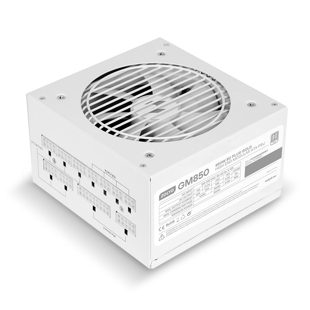 Fonte de alimentação modular para PC Zolyd GM850 branca com ventoinha e vários conectores